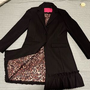 Betsey Johnson Black Dress Coat, Leopard Print Lining, Ruffled Trim